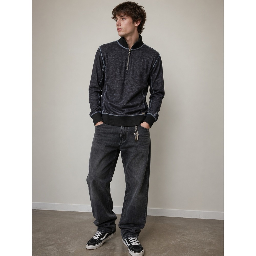 Buckle Black Men's Quarter Zip Long Sz L‎ Y2K soft grunge Skater Indie raw seam